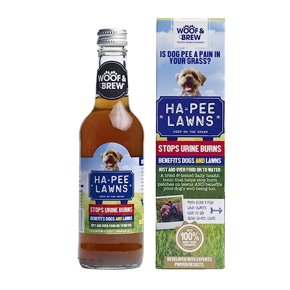Woof & Brew Ha-Pee Lawns herbal tonic for dogs, designed to prevent urine burns on grass, shown with bottle and packaging highlighting natural ingredients and lawn protection benefits