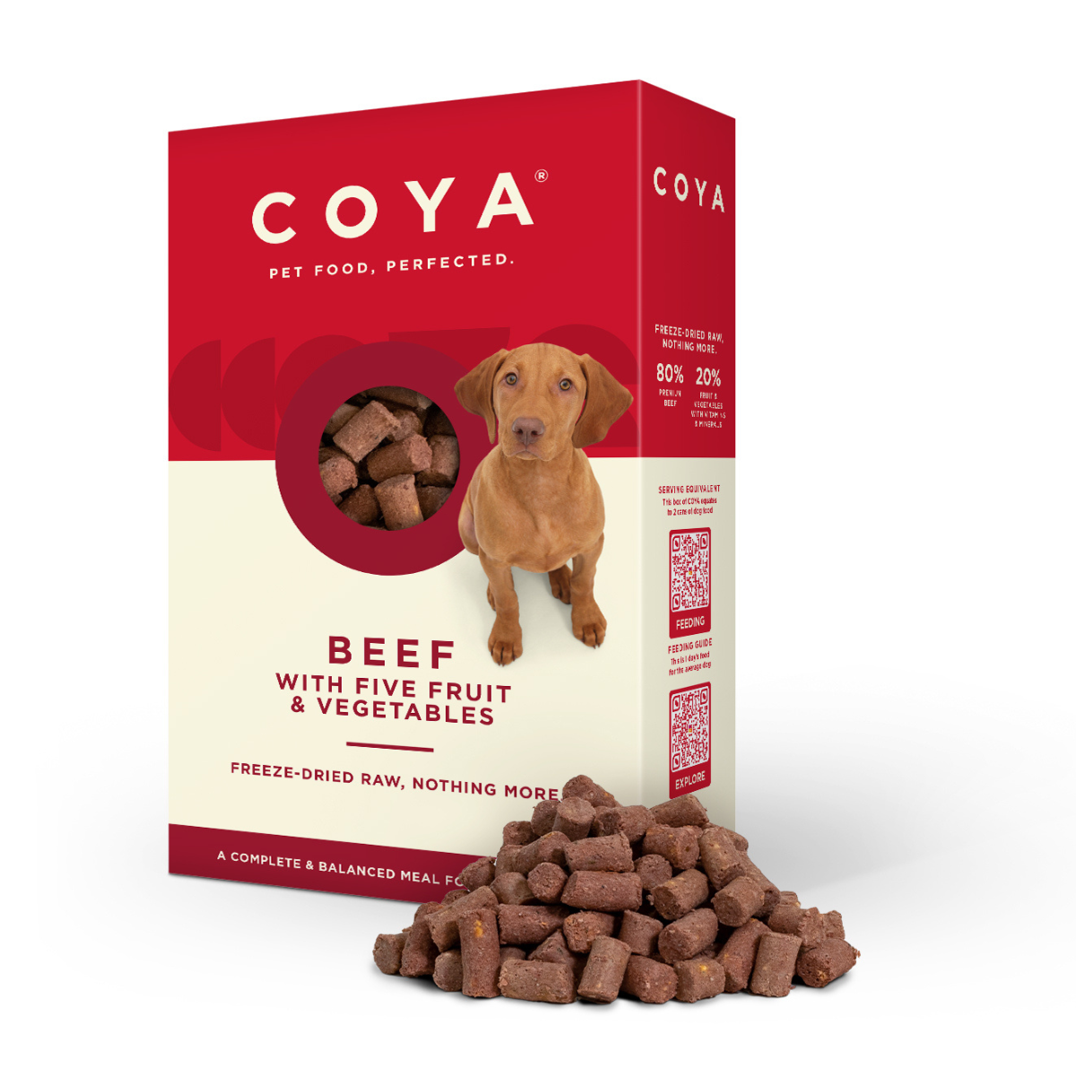 A collection of COYA brand dog food packages in various flavors including chicken, turkey, beef, fish, and pork. The packaging is colorful with images of the food and dogs on it.