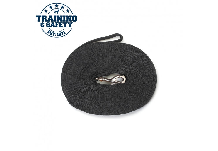 A rolled-up black 9m nylon dog training lead with a metal clasp, against a white background with a 'Training & Safety' badge.