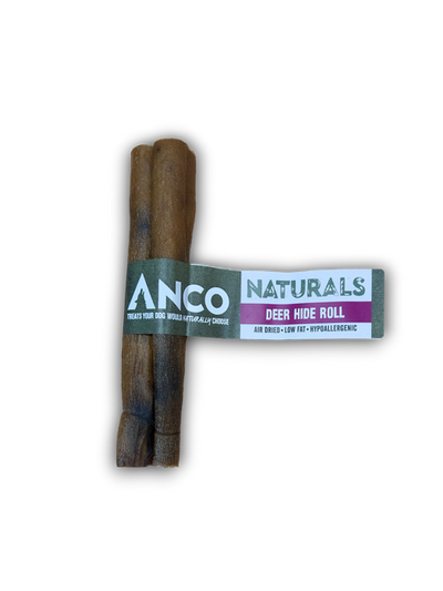 Two wooden deer hide rolls with an Anco Naturals label on a white background
