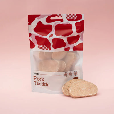 Packaged product labeled 'Pork Testicle' with a red and white pattern on a pink background