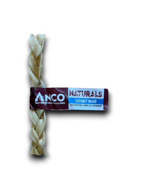 Braided Anco Naturals Coconut Braid chew with product label, made from 100% beef and natural coconut flavouring, ideal for dogs who love long-lasting natural treats.