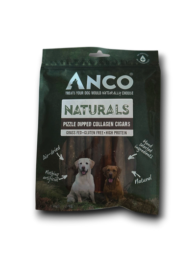 Anco Naturals Pizzle Dipped Collagen Cigars 150g pouch featuring two happy dogs, a forest-themed design, and nutritional icons – air-dried, natural, high-protein dental chews.