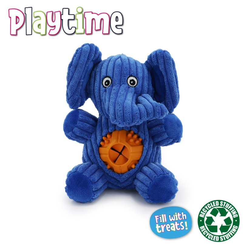 Blue plush elephant dog toy with recycled stuffing and a treat-dispensing rubber centre; part of the Playtime range, suitable for interactive enrichment play.