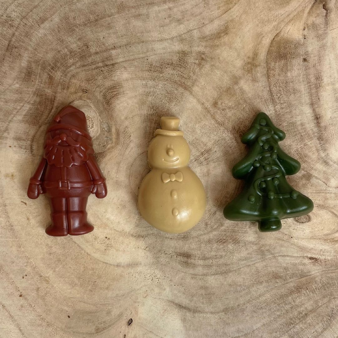 Antos Christmas Santa and Snowman dog chews – fun festive shaped low-fat starch treats for dogs, sold individually.