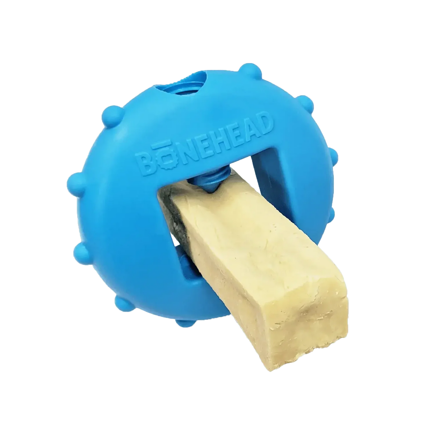 "Blue Bonehead Large dog chew holder for bully sticks or yak chews – safe, secure design to reduce choking, ideal for medium to large dogs"