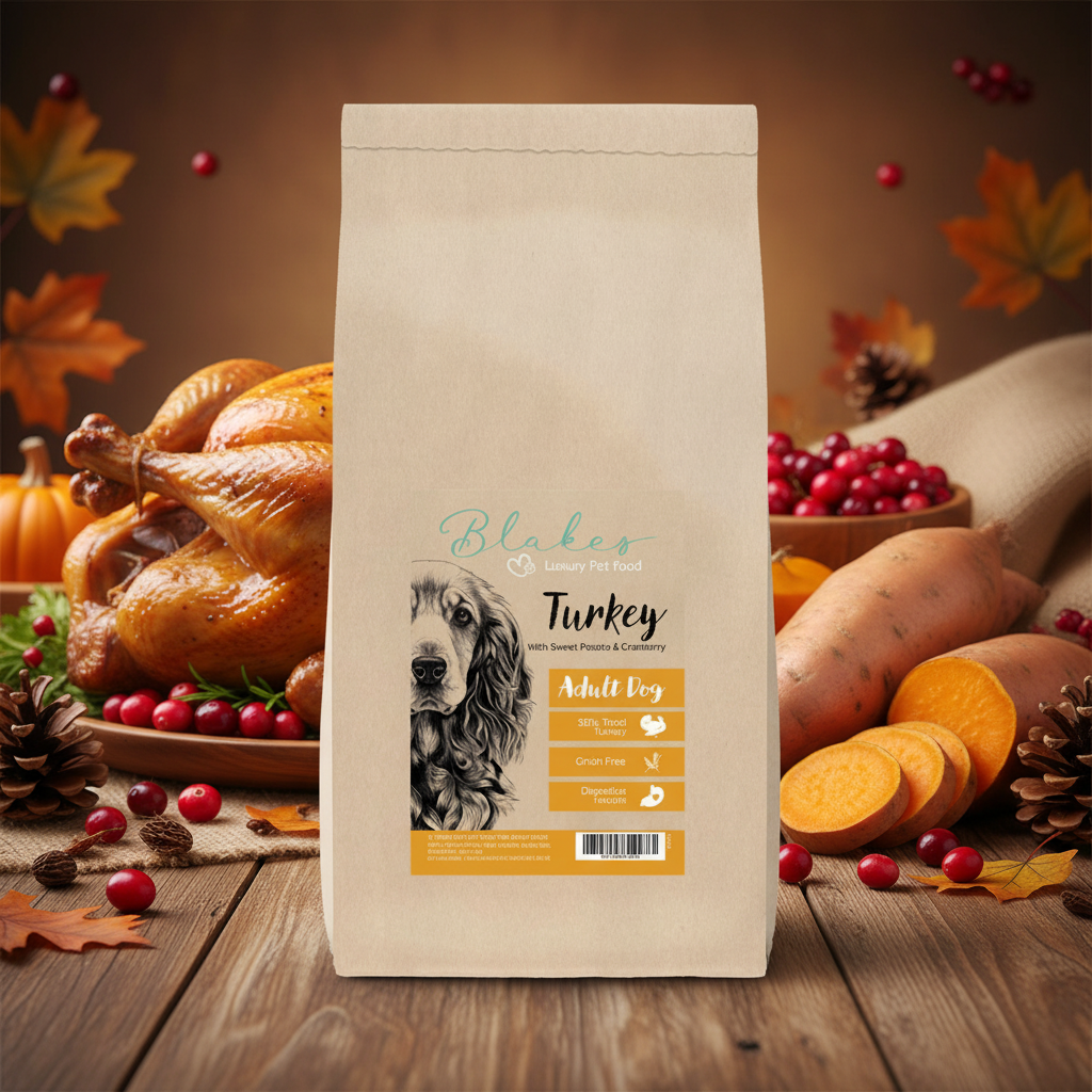 Dog food package with Blakes branding on a white background