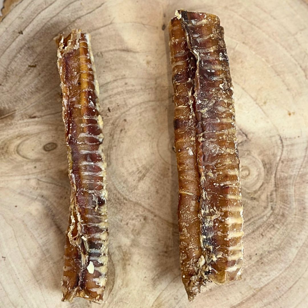 Two long beef trachea dog chews displayed on a wood slice, grain-free, air-dried treats made from 100% beef, ideal for chewing and joint support, stocked at Amyβs Pet Supplies.