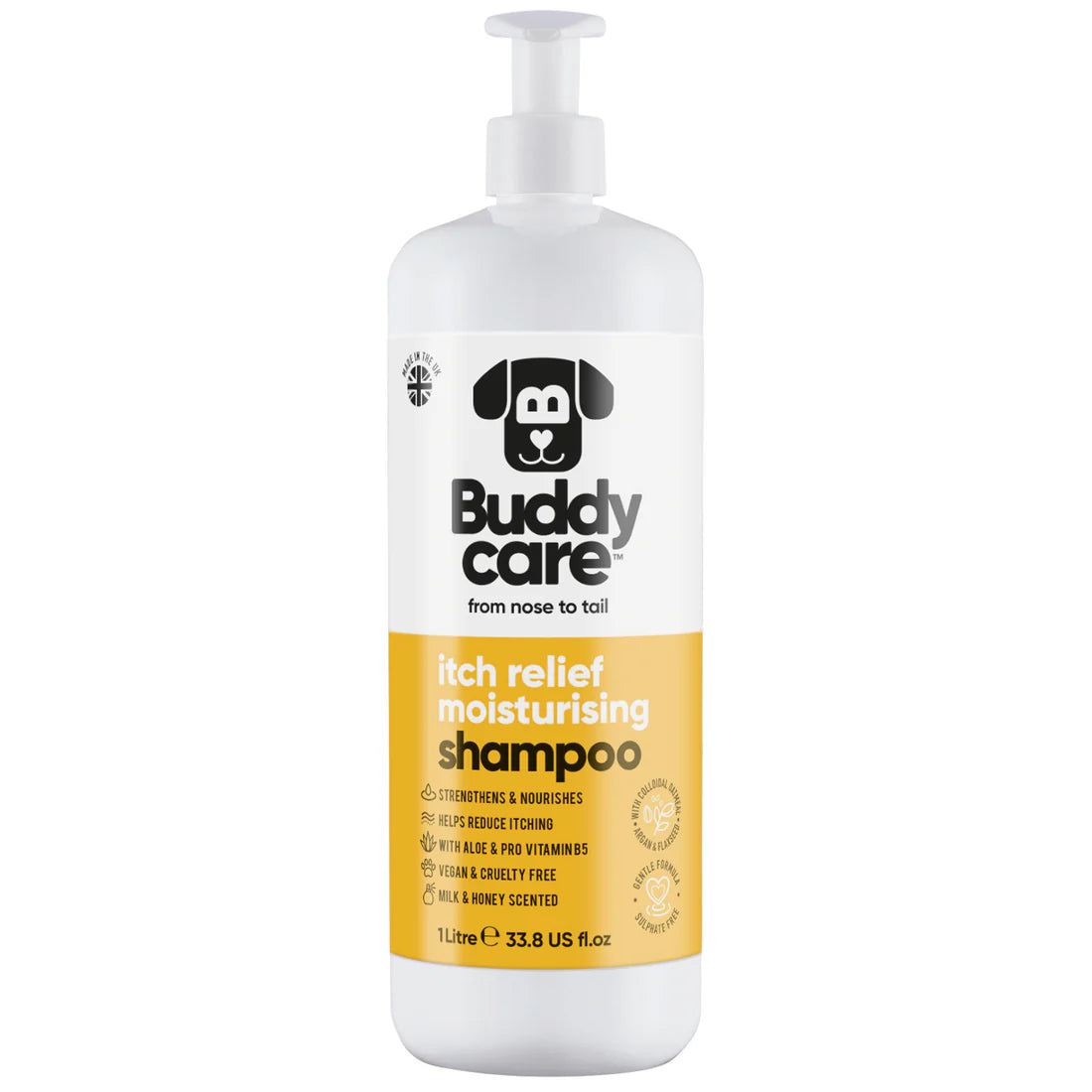 Buddy Care Itch Relief Milk & Honey Dog Shampoo 500ml bottle – gentle anti-itch dog shampoo with Aloe Vera and Pro Vitamin B5