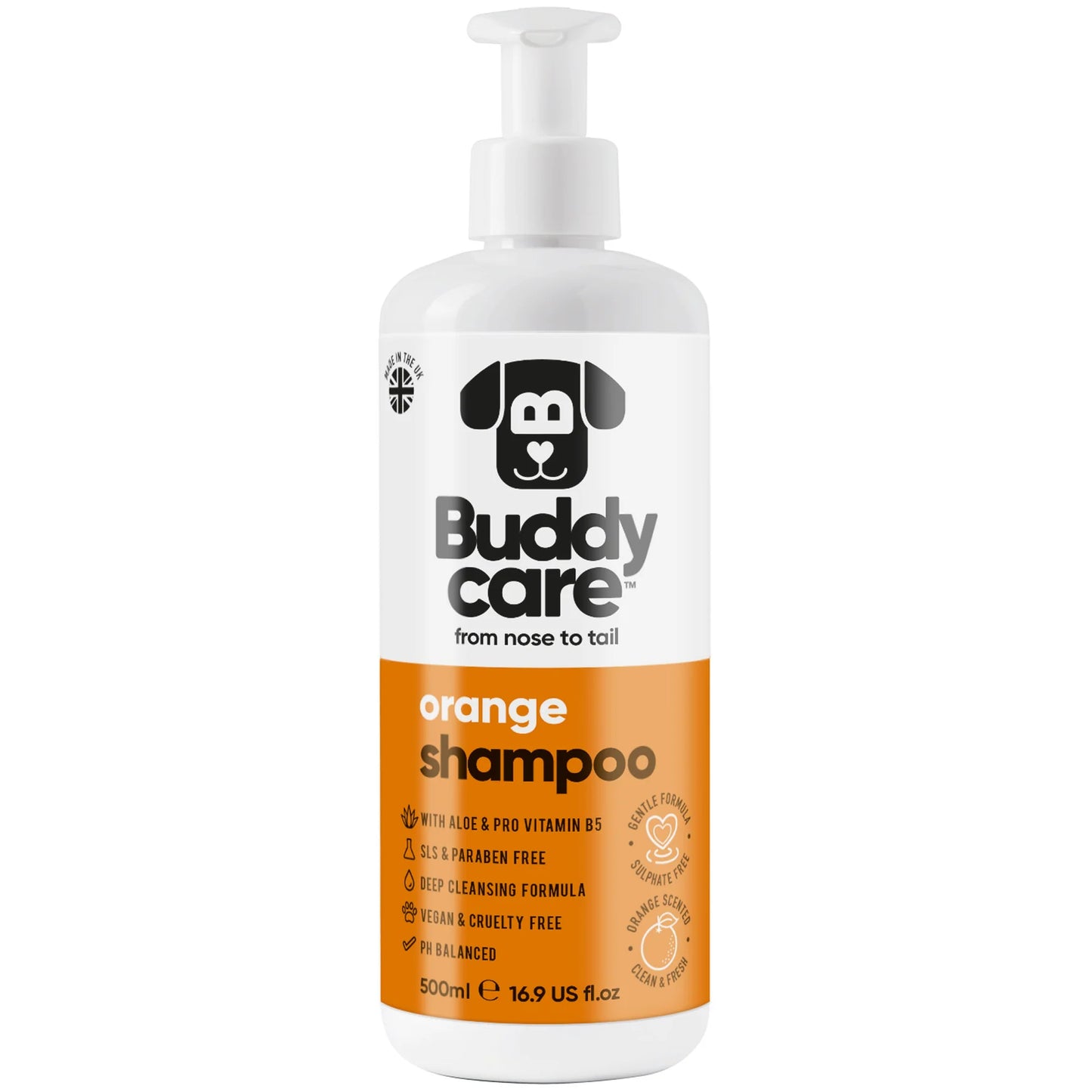 Buddycare Orange Dog Shampoo – citrus-scented dog shampoo with Aloe Vera and Pro-Vitamin B5, SLS and paraben free.