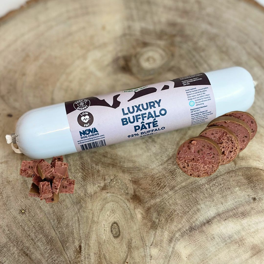 Smooth and versatile Paddock Farm dog pâté – cut, diced, or grated for easy serving.