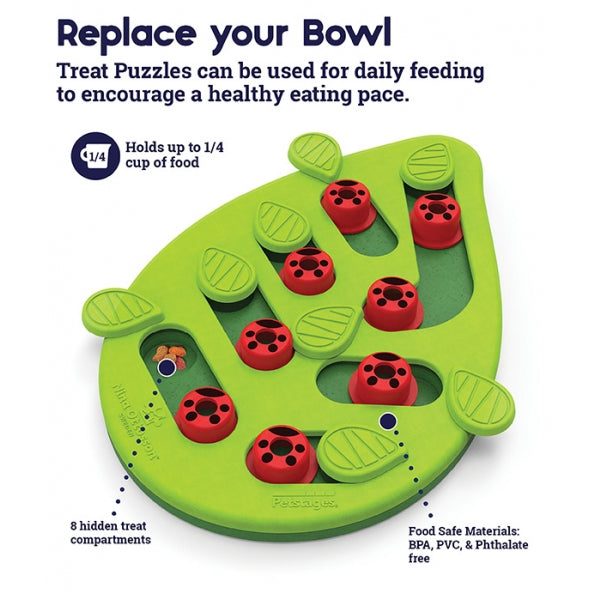 Close-up of the Petstages Buggin’ Out Puzzle & Play interactive cat feeder showing 8 hidden treat compartments and ladybird sliders for slow feeding
