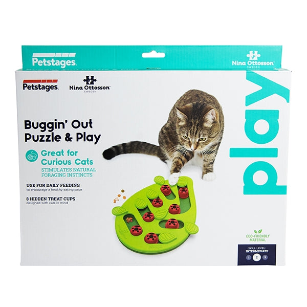 Petstages Buggin’ Out Puzzle & Play cat toy in packaging – interactive treat-hiding game for curious cats, eco-friendly, by Nina Ottosson