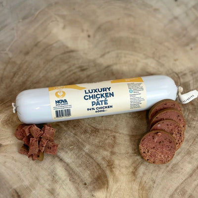 Smooth and versatile Paddock Farm dog pâté – cut, diced, or grated for easy serving.