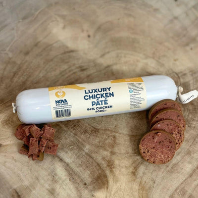 Smooth and versatile Paddock Farm dog pâté – cut, diced, or grated for easy serving.