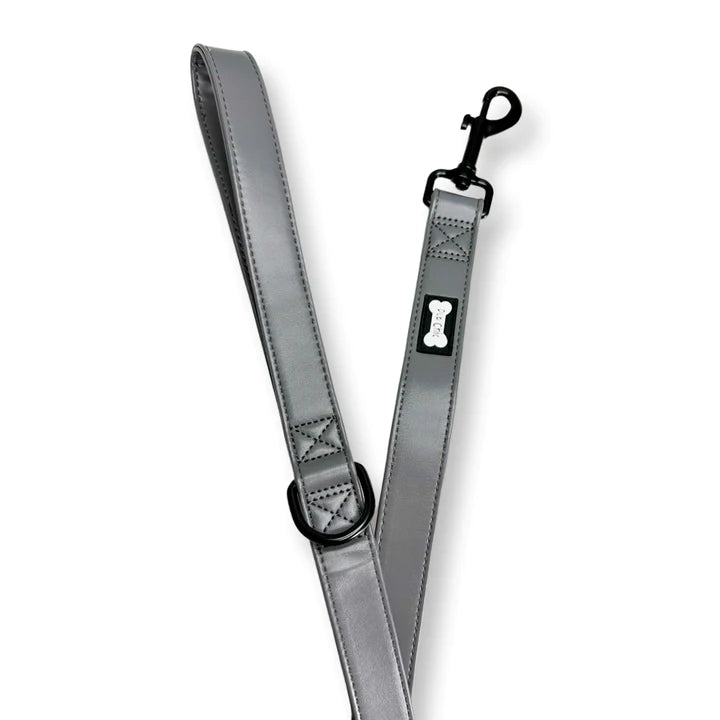 Gray dog leash with a bone-shaped clip on a white background