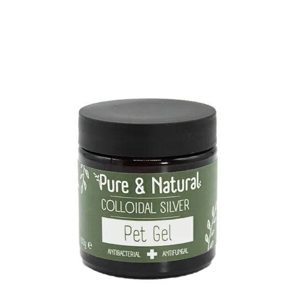 Pure & Natural Colloidal Silver Pet Gel 100g jar with antibacterial and antifungal properties, ideal for soothing skin conditions in dogs and cats.
