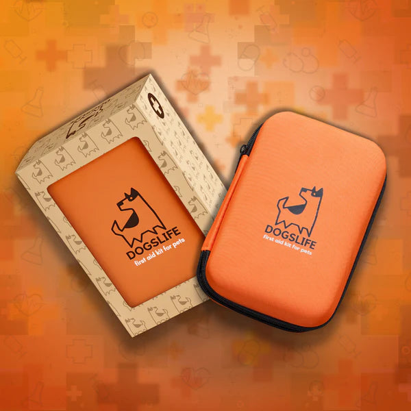 DogsLife orange pet first aid kit in protective case with branded box, essential emergency kit for dogs and cats, compact and travel-friendly design for home, walks, or holidays