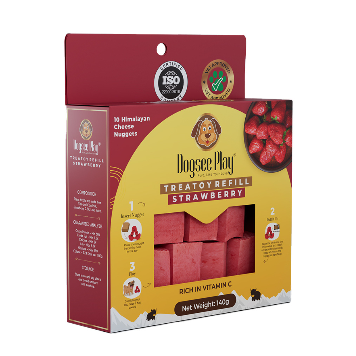 Dogsee Play Treatoy Strawberry Refill box with 10 Himalayan cheese and strawberry nuggets for dogs – natural microwaveable treat refills rich in vitamin C