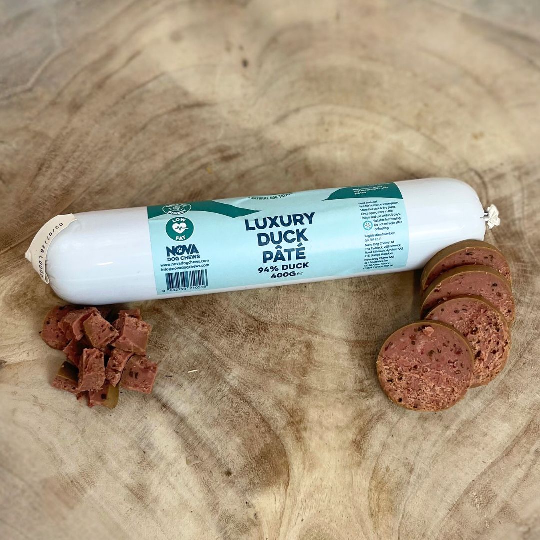 Smooth and versatile Paddock Farm dog pâté – cut, diced, or grated for easy serving.