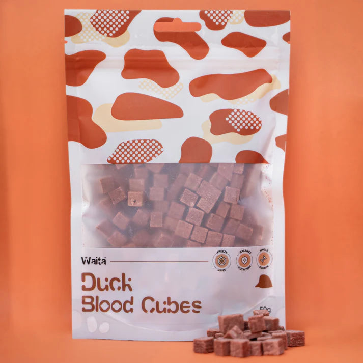 Package of Waita Duck Blood Cubes on an orange background