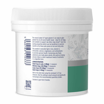 “Feeding instructions and product benefits for Dorwest Easy-Green Powder showing recommended dosage by pet size”