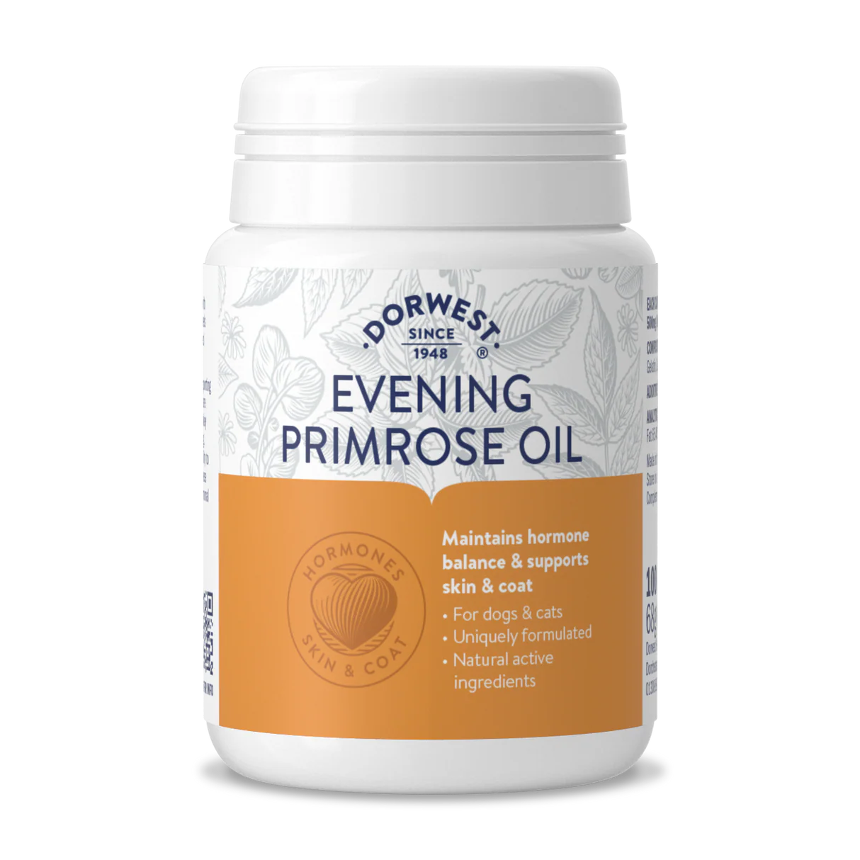 Bottle of Dorwest Evening Primrose Oil for dogs and cats, labelled for hormonal and skin support with 100 capsules
