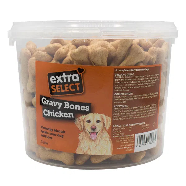 Extra Select Chicken Gravy Bones 3L bucket – crunchy bone-shaped dog treats in resealable tub, ideal for training rewards and daily snacking