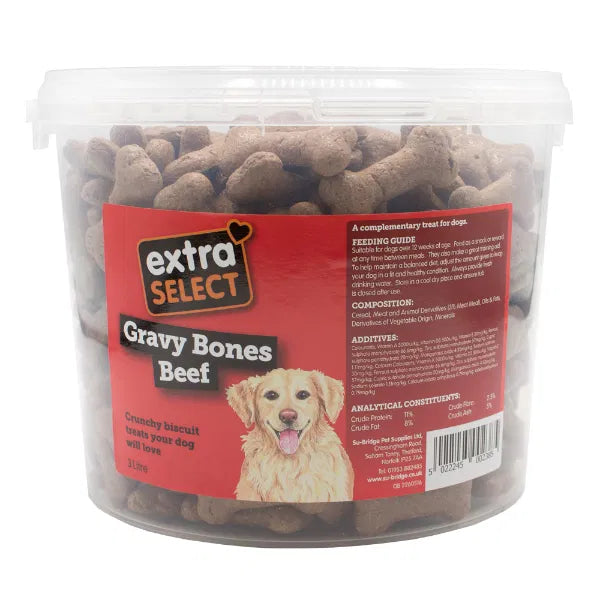 Extra Select Beef Gravy Bones 3L bucket – crunchy beef-flavoured bone-shaped dog treats in a resealable tub, ideal for daily rewards and training