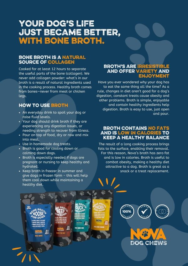 Advertisement for Nova Dog Chews bone broth with product packaging and text on a blue background