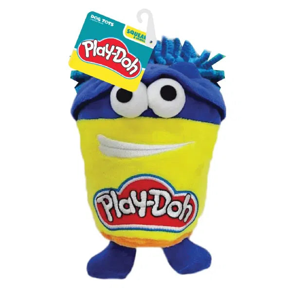 "Hasbro Play-Doh Do-Doh plush dog toy with squeaker and crinkle features, bright and soft fun character toy for dogs."