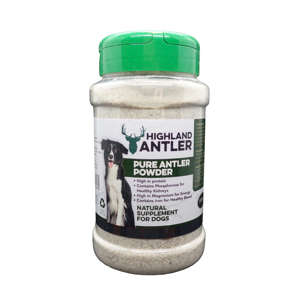 500ml tub of Highland Antler Pure Antler Powder natural dog supplement, high in protein, phosphorus, magnesium, and iron for canine kidney, energy, and blood health, sold at Amy’s Pet Supplies.