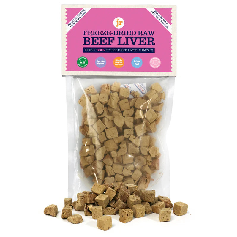 JR Freeze-Dried Beef Liver Dog Treats; 100% single protein beef liver, raw-inspired, grain free, high value training rewards for dogs and puppies
