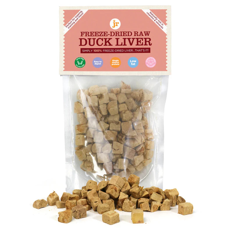 JR Freeze-Dried Duck Liver Dog Treats; single protein duck liver cubes, gently freeze dried, grain free, raw feeding alternative for dogs and puppies