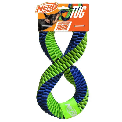 Durable Nerf Dog nylon tug toy in a twisted infinity loop shape, hand-braided in green and blue for interactive tug-of-war play and strong chewers.