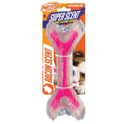 Nerf Dog Super Scent Bone in pink, packaged on an orange card with “Bacon Scent” printed along the side and a photo of a brown and white bulldog in the background.