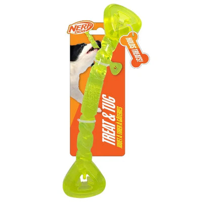 Bright yellow Nerf Dog Treat & Tug Bone in retail packaging with orange background, showcasing its treat-dispensing feature and durability for tug-of-war games.
