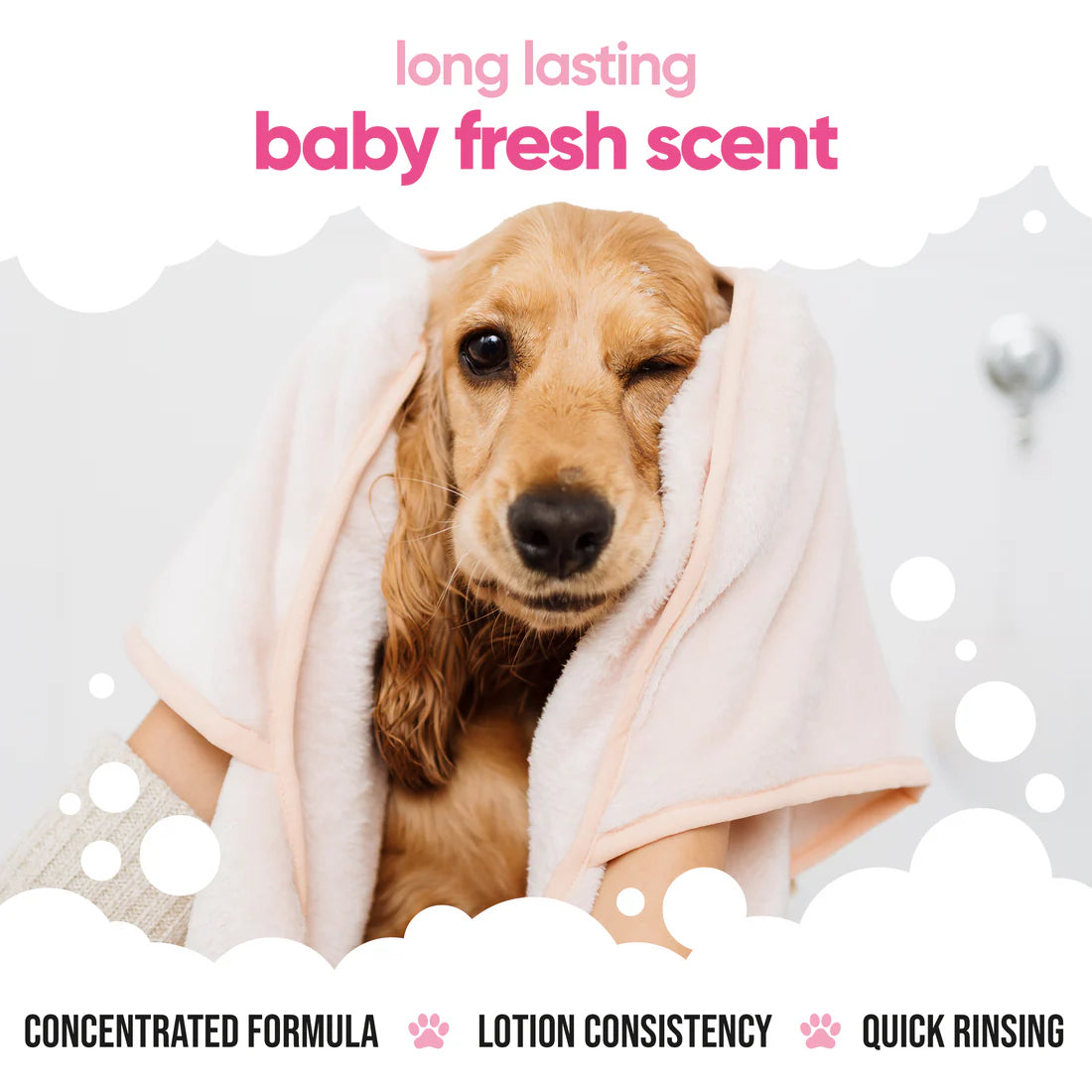 Dog wrapped in a towel with 'long lasting baby fresh scent' text and product features listed.