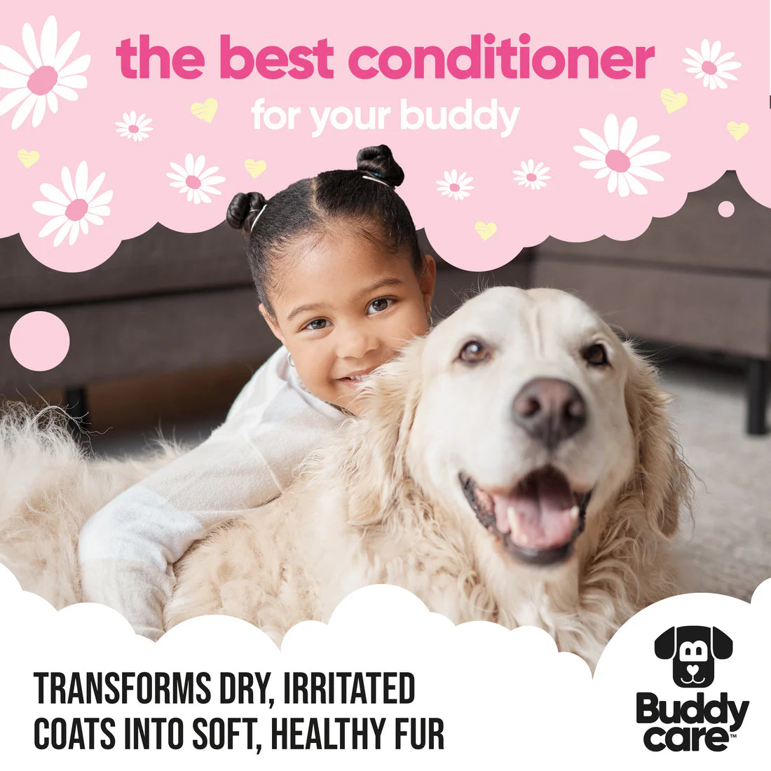 Child and dog with text about the best conditioner for pets, featuring the Buddy Care brand.