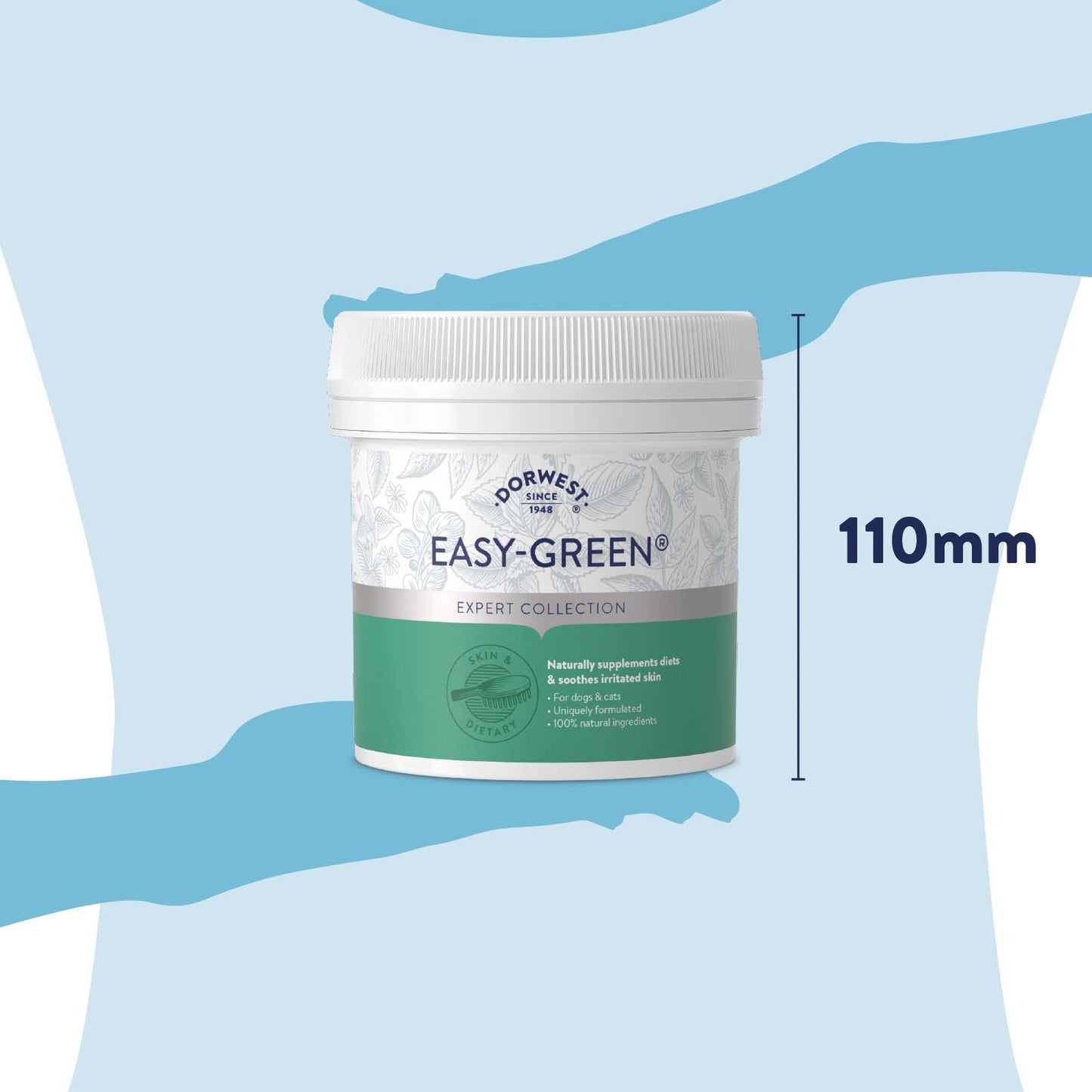 “Dorwest Easy-Green Powder 250g tub – size reference showing 110mm height for pet supplement packaging”
