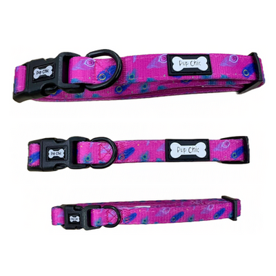 Peacock Power dog collar with hot pink and peacock feather design – stylish, durable, and comfortable fit for dogs of all sizes