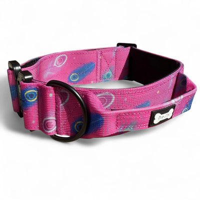 Pink dog collar with colorful patterns on a white background