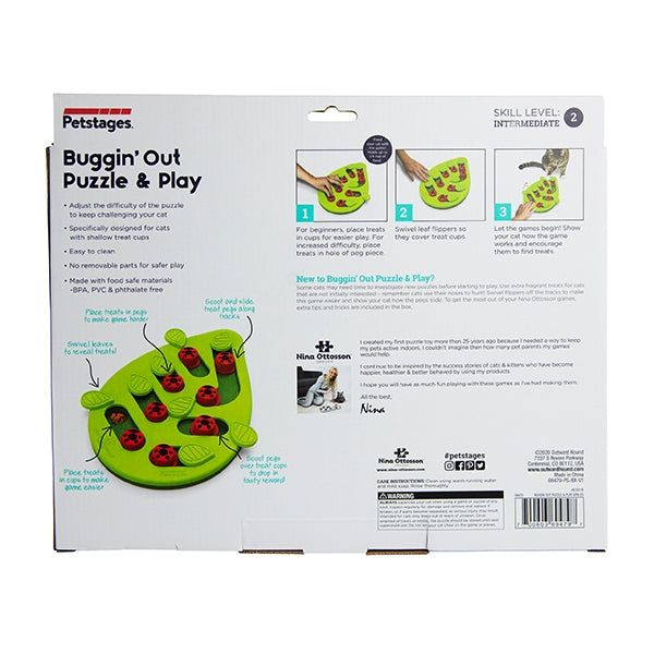 Back of Petstages Buggin’ Out Puzzle & Play cat toy box showing usage instructions, product features, and enrichment benefits for cats