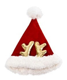 House of Paws Red Velvet Santa Hat with Antlers – festive pet accessory featuring elastic strap and toggle for a comfortable Christmas fit