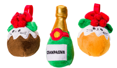 House of Paws Christmas Cake & Fizz Cat Toy Set – 3-pack festive catnip toys including champagne bottle and two Christmas cake plushes.