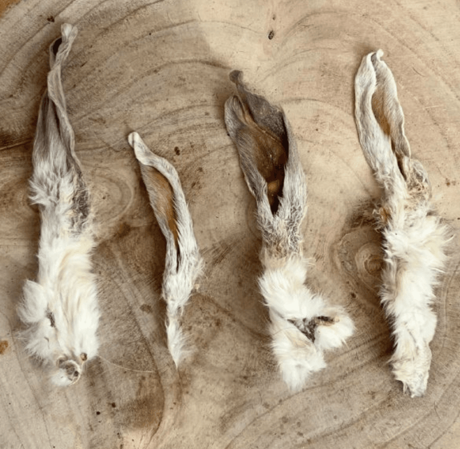 Four natural hairy rabbit ears dog treats laid out on a wooden surface, showcasing texture and size variation of this 100% rabbit chew