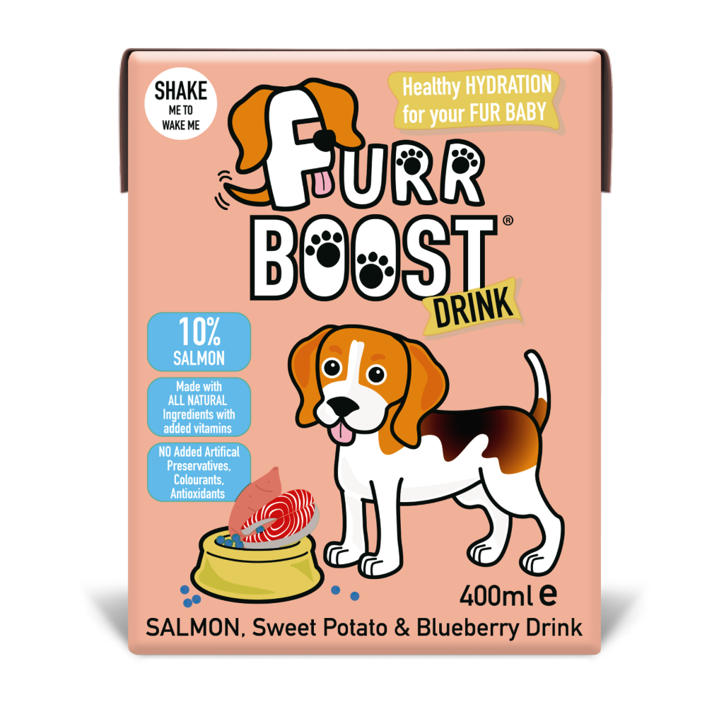 Pet drink package with a dog illustration and product details on a pink background