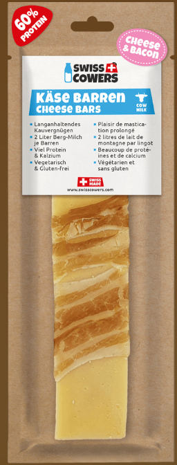 Long-lasting Swiss cheese bar dog treat wrapped in bacon