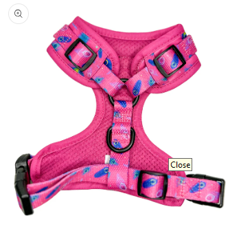 Hot pink Peacock Power adjustable dog harness with peacock feather print – stylish and comfortable fit for all dog sizes