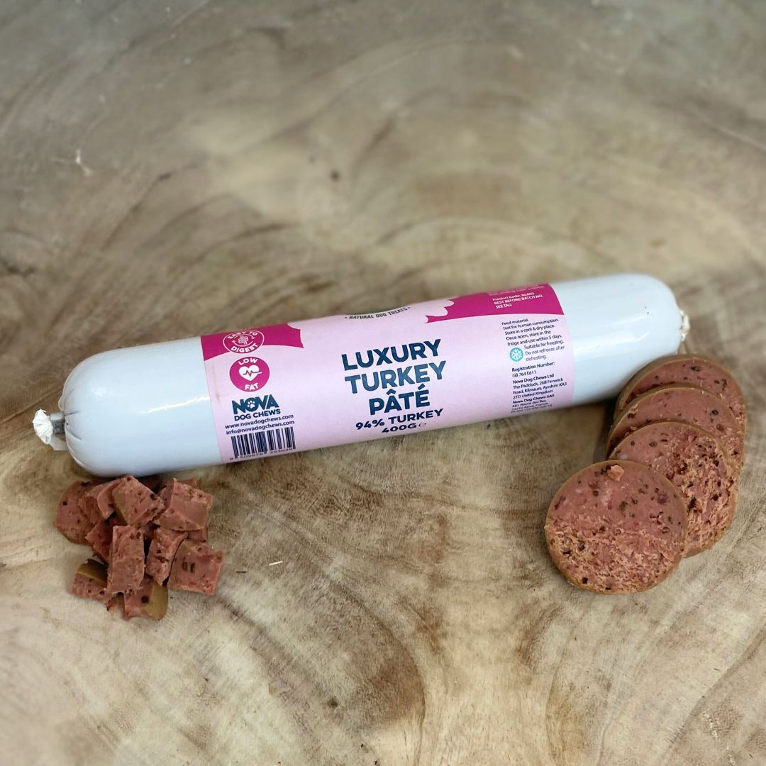 Smooth and versatile Paddock Farm dog pâté – cut, diced, or grated for easy serving.